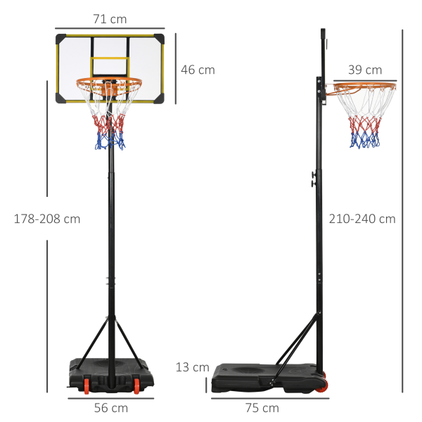 SPORTNOW Adjustable Basketball Hoop and Stand w/ Wheels, 1.8-2.1m, Yellow - Image 5