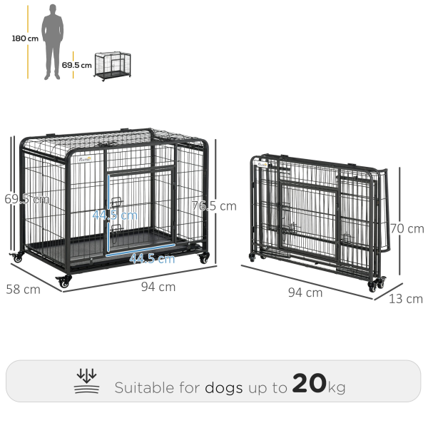 PawHut 69.5x94cm Metal Dog Cage Kennel w/ Locking Door & Wheels Medium Pets - Image 6