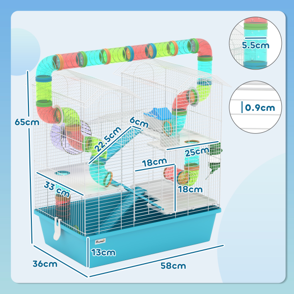 PawHut 4 Tier Hamster Cage with Tubes, for Drawf, 58 x 36 x 65cm, Light Blue - Image 6