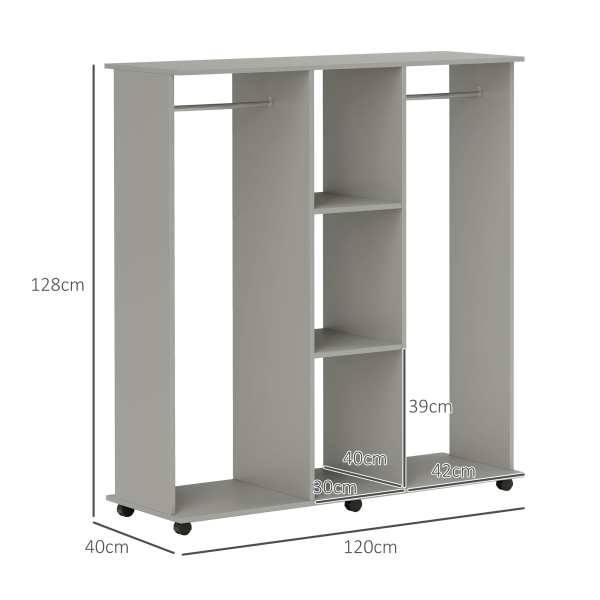 HOMCOM Mobile Double Open Wardrobe w/ Clothes Hanging Rail Clothing Grey - Image 6
