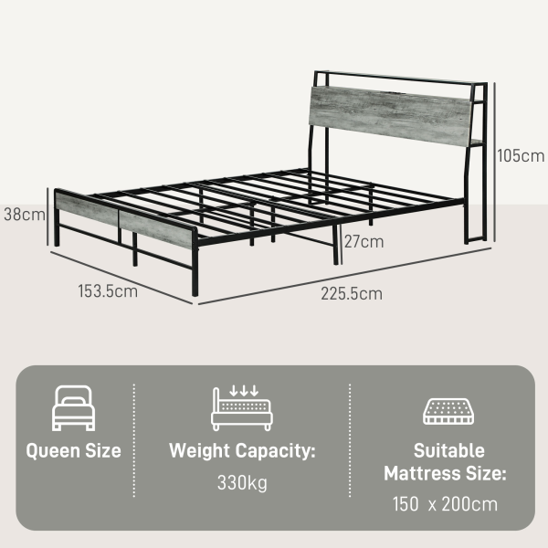 HOMCOM LED King Bed Frame with Charging Station, 150 x 200cm, Cement Grey - Image 6