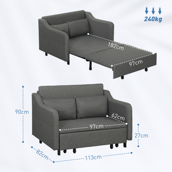 HOMCOM Pull Out Sofa Bed, Fabric 2 Seater Sofa Couch for Living Room, Grey - Image 6