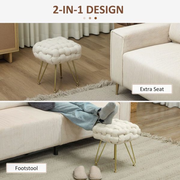 HOMCOM Woven Velvet Foot Stool with Steel Legs for Living Room, Cream White - Image 4