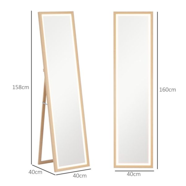 HOMCOM Dimming Full Length Mirror w/ Lights Standing Leaning Wall Mount Oak - Image 5