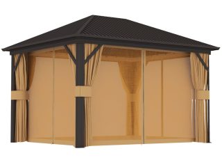 Outsunny 3.6 x 3(m) Metal Garden Hardtop Gazebo with Screened Curtain Brown