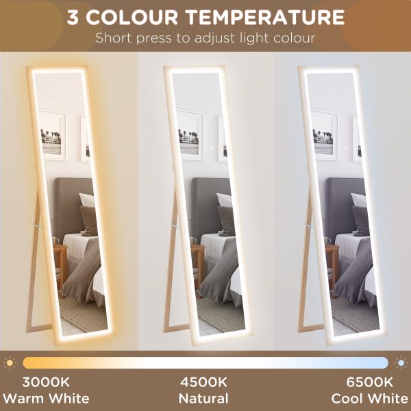 HOMCOM Dimming Full Length Mirror w/ Lights Standing Leaning Wall Mount Oak - Image 6