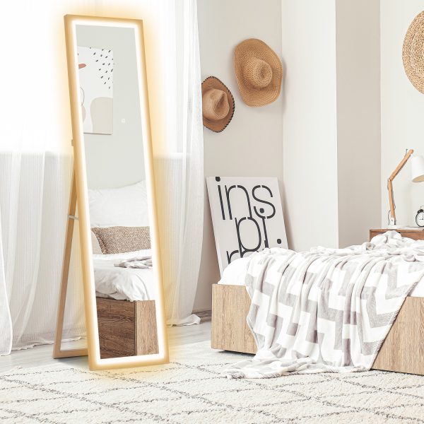 HOMCOM Dimming Full Length Mirror w/ Lights Standing Leaning Wall Mount Oak - Image 2
