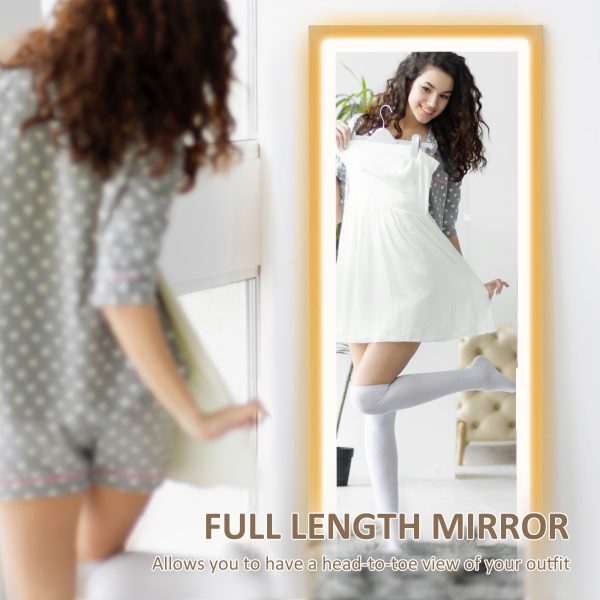 HOMCOM Dimming Full Length Mirror w/ Lights Standing Leaning Wall Mount Oak - Image 3