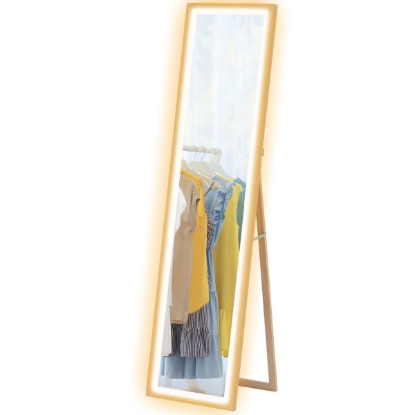 HOMCOM Dimming Full Length Mirror w/ Lights Standing Leaning Wall Mount Oak