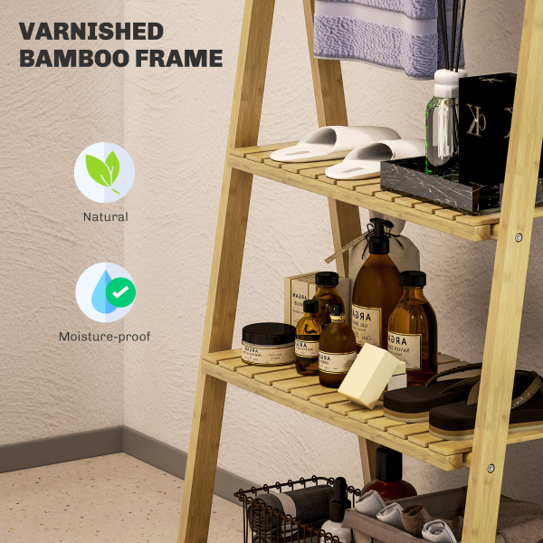 HOMCOM 3-Tier Folding Bamboo Bathroom Storage Shelving Unit with Towel Bars - Image 7