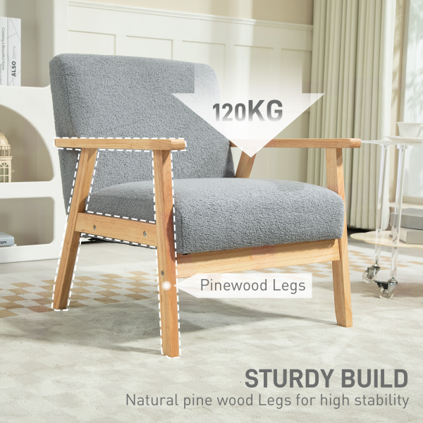 HOMCOM Accent Chair with Wood Frame Wide Seat Cashmere Armchair Grey - Image 6