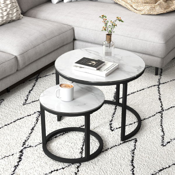 HOMCOM Glass Coffee Table Set of 2, Round Nest of Tables for Living Room - Image 7
