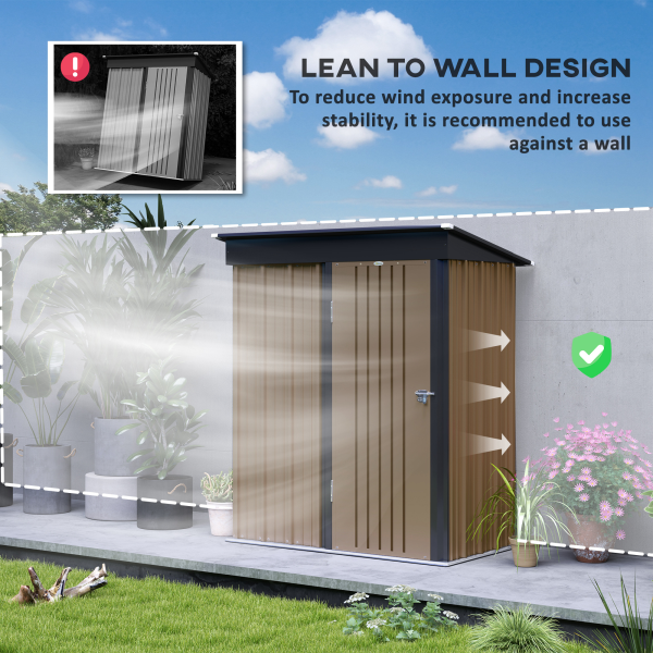Outsunny Steel Garden Shed, Small Lean-to Shed for Bike, 5x3 ft Brown - Image 7