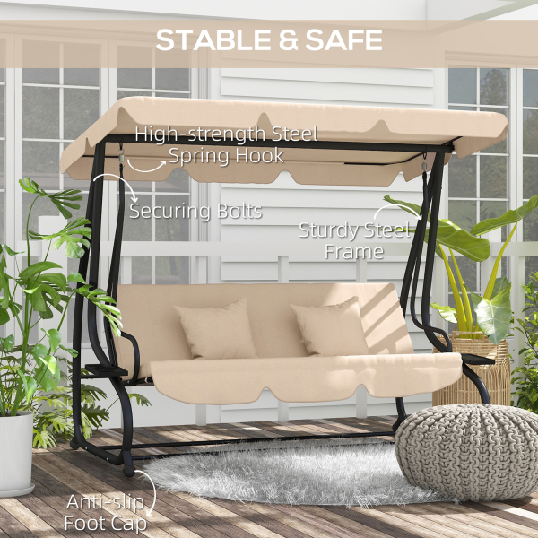 Outsunny 2-in-1 Garden Swing Chair for 3 Person w/ Adjustable Canopy Light Brown - Image 7