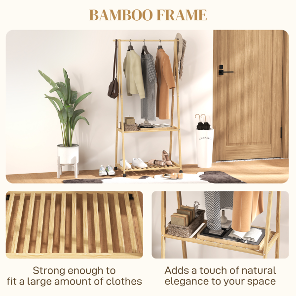 HOMCOM Bamboo Clothes Rail Rack with 2 Storage Shelves, Natural Wood Effect - Image 7