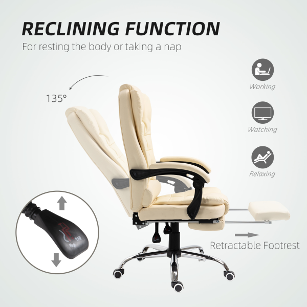 HOMCOM Executive Office Chair, Recliner Computer Chair with Footrest, Cream - Image 7