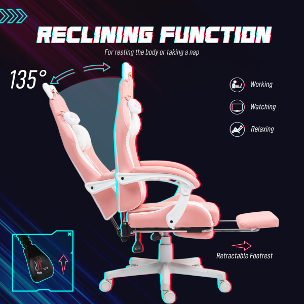 HOMCOM Gaming Chair with Footrest, Reclining Computer Chair, Pink - Image 7