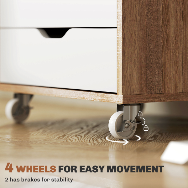 Vinsetto Mobile Filing Cabinet, 5-drawer File Cabinet with Wheels, Oak - Image 7