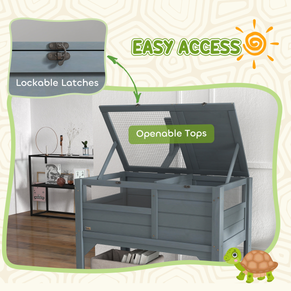 PawHut Wooden Tortoise House w/ Run, Shelter, Shelf, Lamp Holder, Grey - Image 7