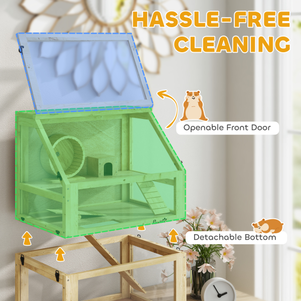 PawHut Wooden Hamster Cage w/ Detachable Bottom, Hut, Seesaw, 60 x 40 x 75cm - Image 7