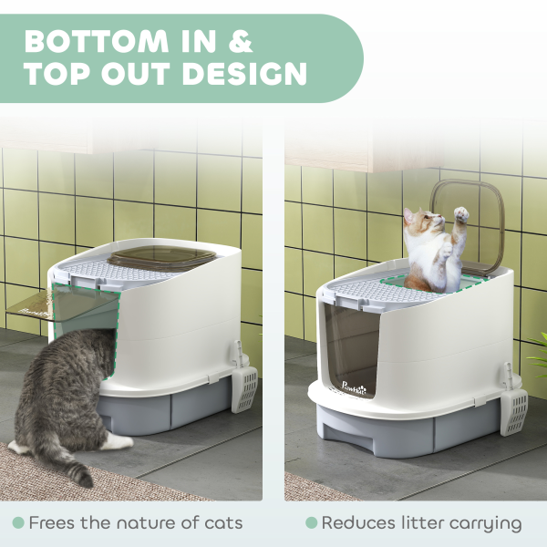 PawHut Cat Litter Box, Hooded Cat Litter Tray with Lid, Scoop, Grey - Image 6