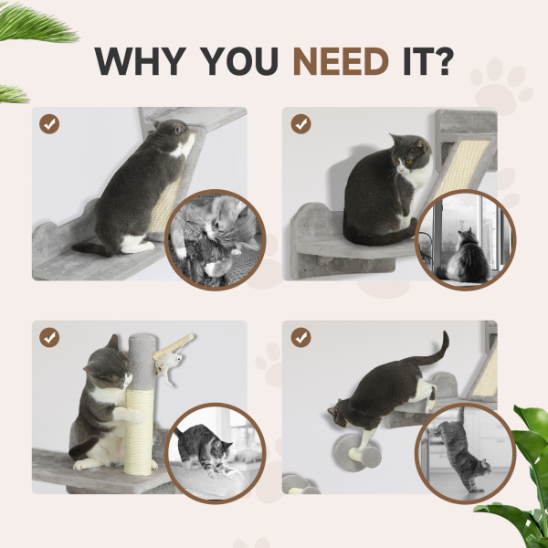 PawHut 3PCs Corner Design Cat Wall Shelves Furniture, Light Grey - Image 6