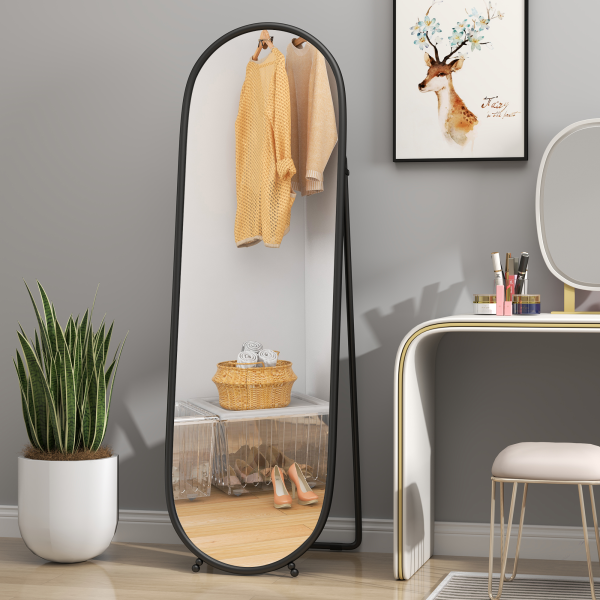 HOMCOM Oval Full Length Mirror with Metal Frame Hanging or Leaning Black - Image 6