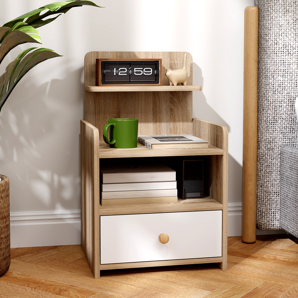 HOMCOM Bedside Table with Drawer for Bedroom, Living Room, Natural Wood Effect - Image 6