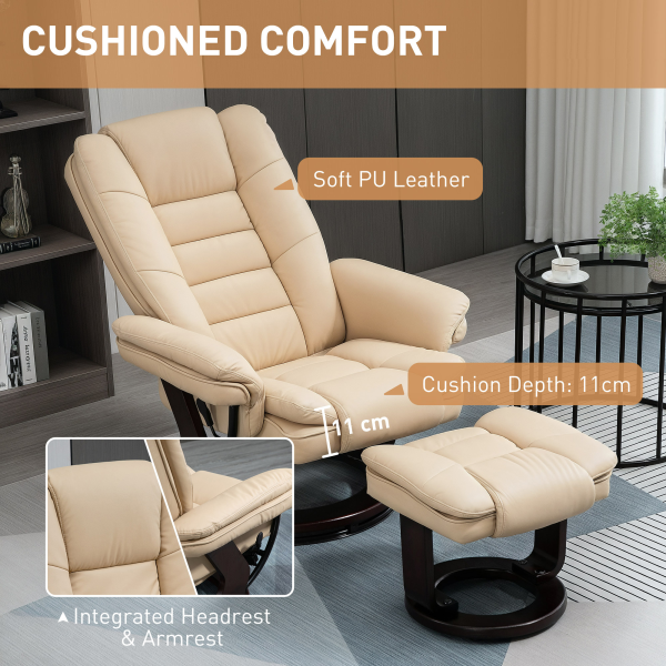 HOMCOM Swivel Manual Recliner and Footrest Set PU Leather Lounge Chair Beige - Image 6