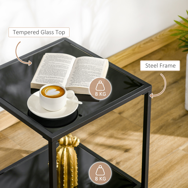 HOMCOM Side Table with Tempered Glass Top, End Table with 2-Tier Storage, Black - Image 6