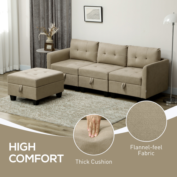 HOMCOM Convertible Modular Sectional Sofa w/ Storage Wood Frame Light Brown - Image 6
