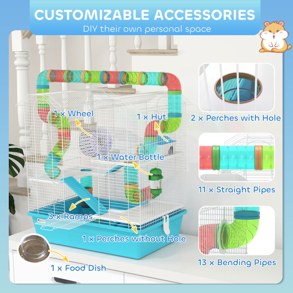 PawHut 4 Tier Hamster Cage with Tubes, for Drawf, 58 x 36 x 65cm, Light Blue - Image 7