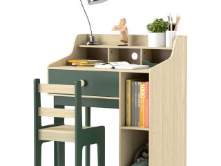 AIYAPLAY Kids Desk and Chair Set with Storage Shelves, Drawer, Green