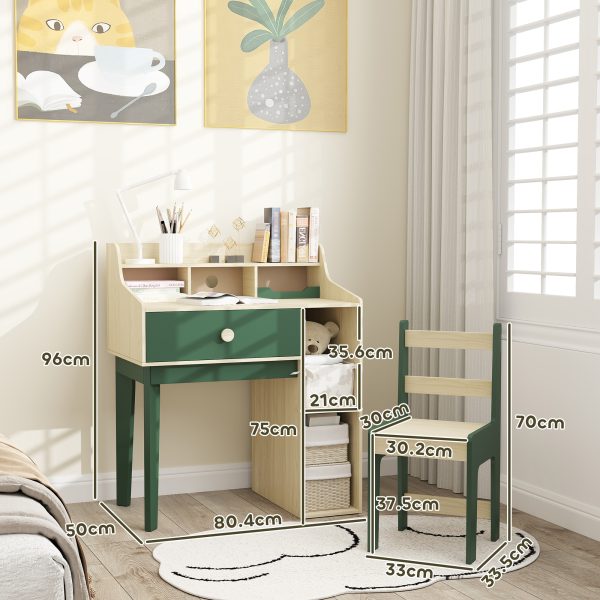 AIYAPLAY Kids Desk and Chair Set with Storage Shelves, Drawer, Green - Image 5
