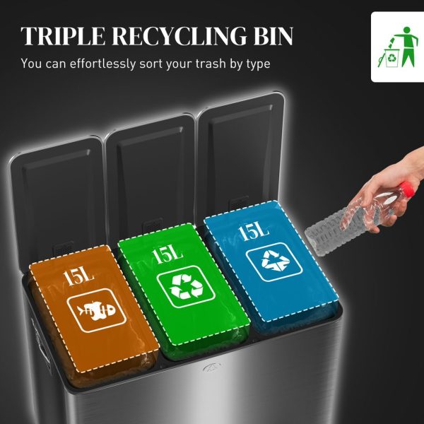 HOMCOM 3 x 15L Triple Kitchen Bin Pedal Bin for Recycling and Waste, Black - Image 3