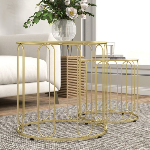 HOMCOM Coffee Table Set of 2, Nest of Tables with Metal Frame, Gold Tone - Image 8