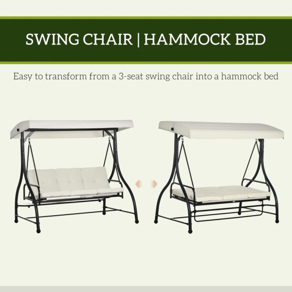 Outsunny 3 Seater Canopy Swing Chair Porch Hammock Bed Rocking Bench Cream White - Image 4