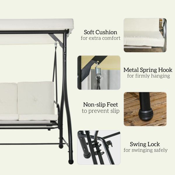 Outsunny 3 Seater Canopy Swing Chair Porch Hammock Bed Rocking Bench Cream White - Image 6