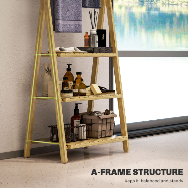 HOMCOM 3-Tier Folding Bamboo Bathroom Storage Shelving Unit with Towel Bars - Image 8
