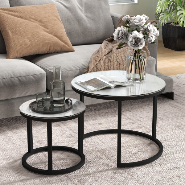 HOMCOM Glass Coffee Table Set of 2, Round Nest of Tables for Living Room - Image 8
