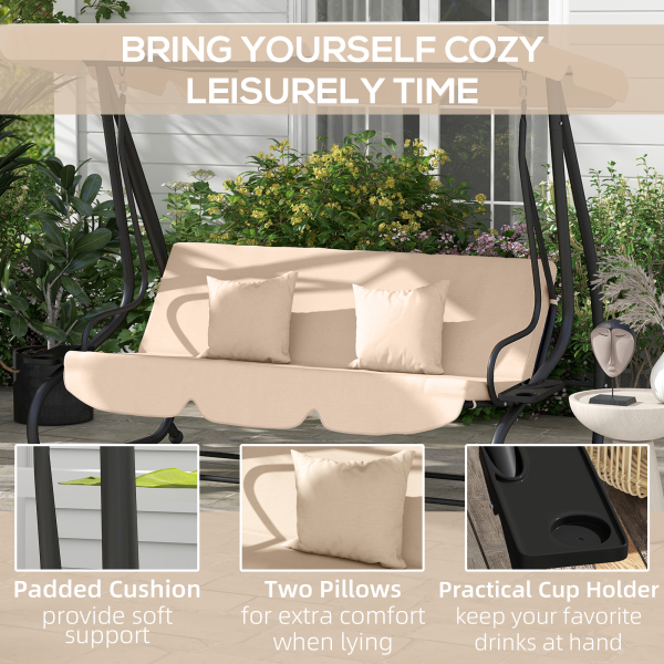 Outsunny 2-in-1 Garden Swing Chair for 3 Person w/ Adjustable Canopy Light Brown - Image 8