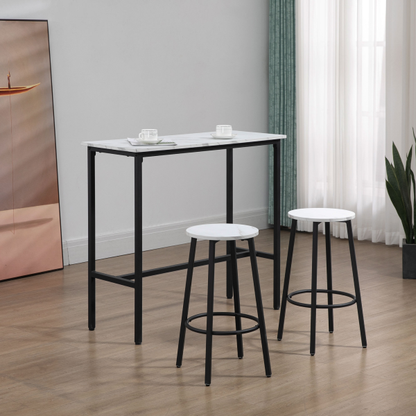 HOMCOM 3 Piece Bar Table Set for 2 with Stools Steel Frame Footrest White - Image 7