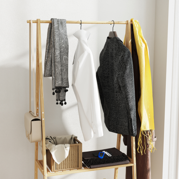 HOMCOM Bamboo Clothes Rail Rack with 2 Storage Shelves, Natural Wood Effect - Image 8