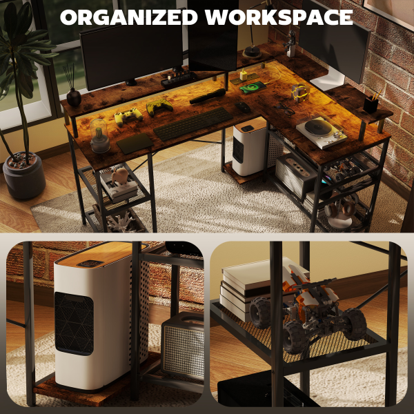 HOMCOM L Shaped Gaming Desk w/ LED Lights and Power Outlets for Small Space - Image 8