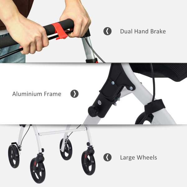 HOMCOM Folding Upright Rollator Walker with Storage Bag, Tray, White - Image 8