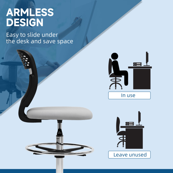 Vinsetto Draughtsman Chair, Office Chair with Wheels, Light Grey - Image 8