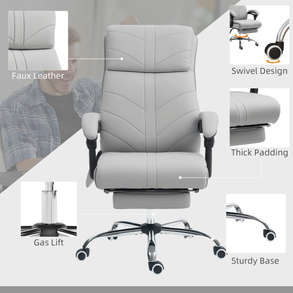 Vinsetto PU Vibration Massage Office Chair with Heat, Footrest, Light Grey - Image 8