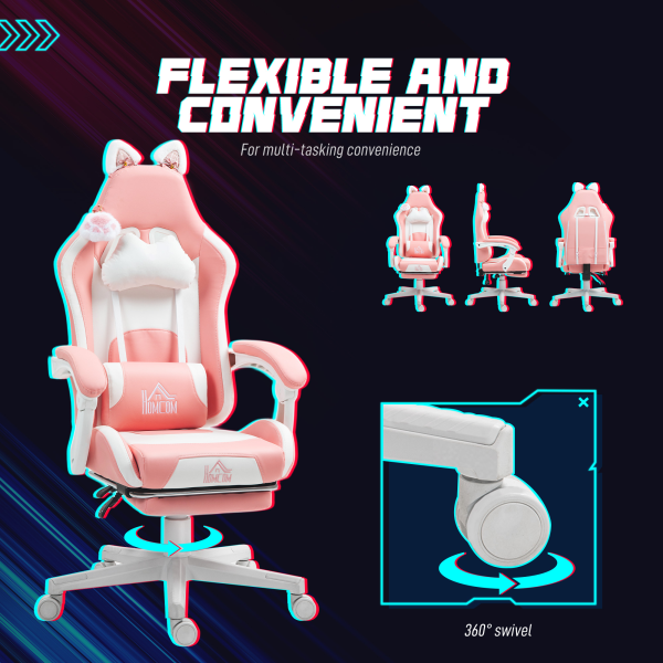 HOMCOM Gaming Chair with Footrest, Reclining Computer Chair, Pink - Image 8