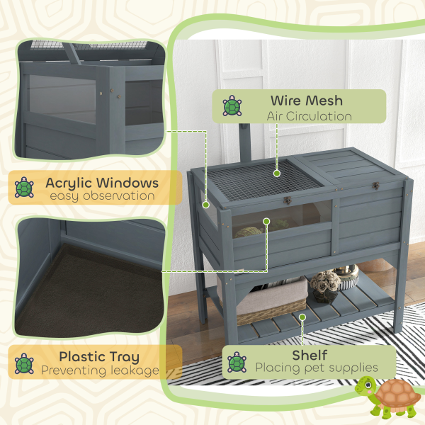 PawHut Wooden Tortoise House w/ Run, Shelter, Shelf, Lamp Holder, Grey - Image 8