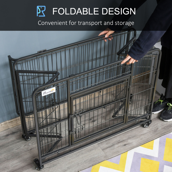 PawHut 69.5x94cm Metal Dog Cage Kennel w/ Locking Door & Wheels Medium Pets - Image 8